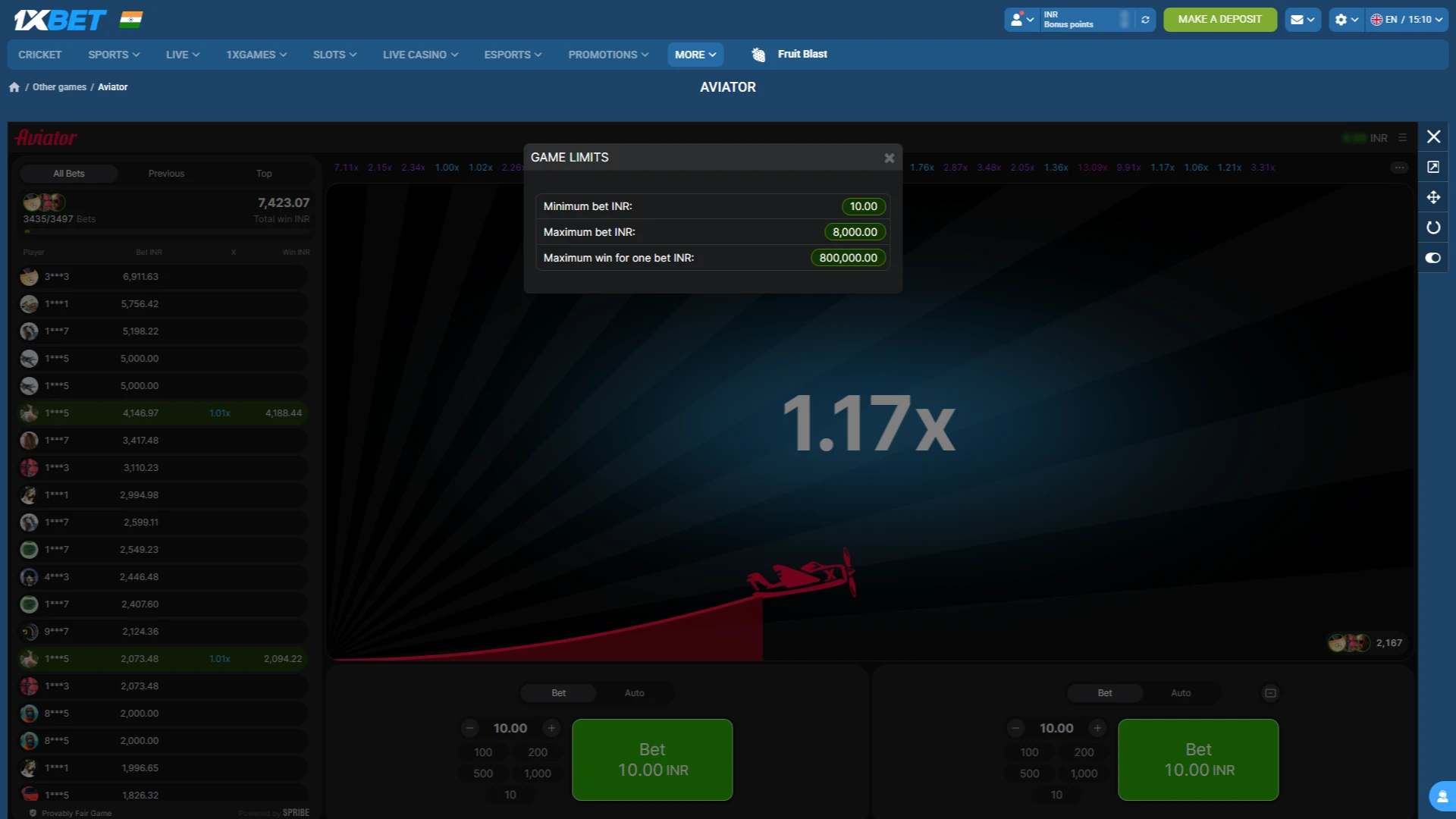 Maximum and minimum betting limits.