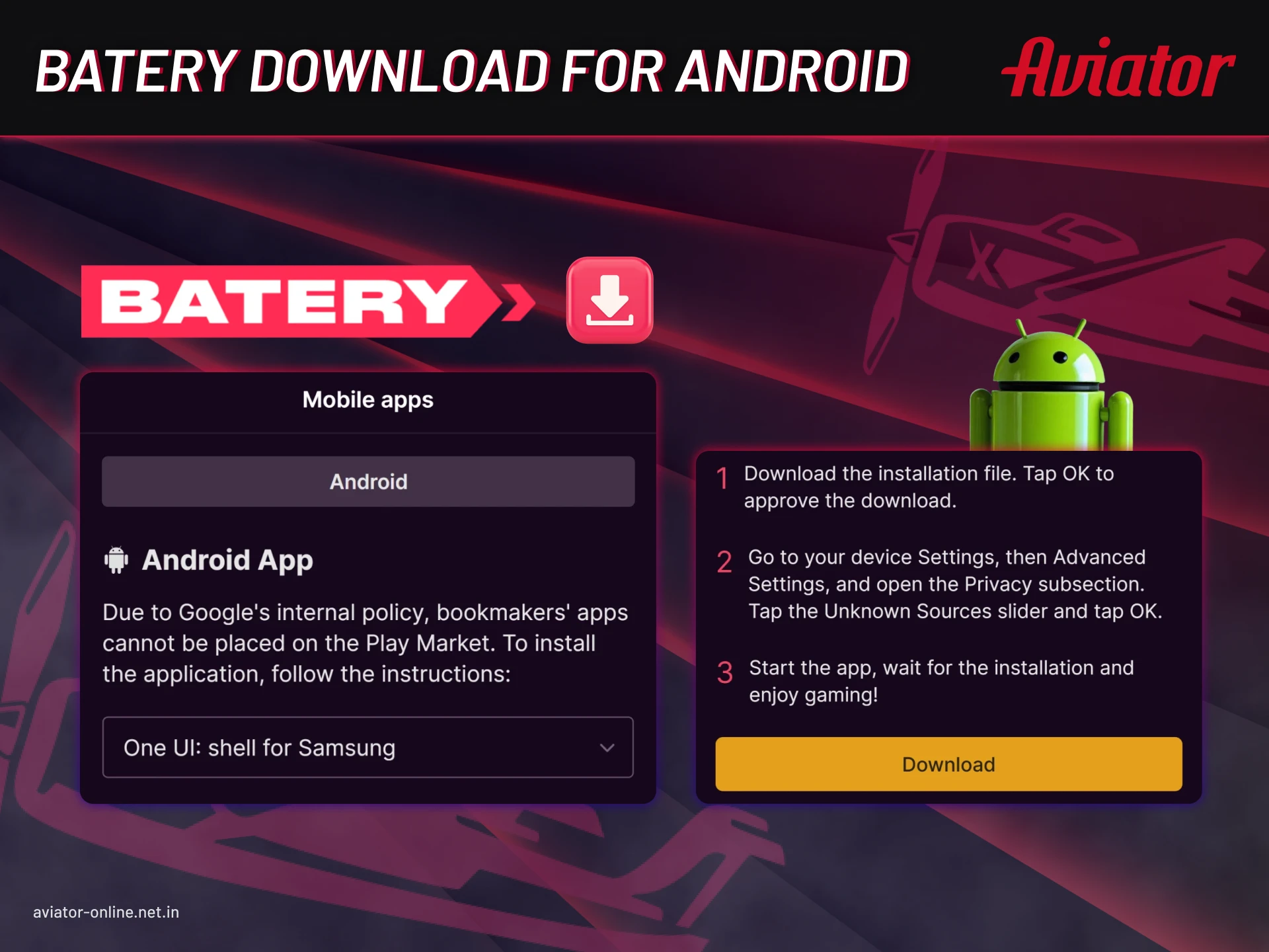 Install the Batery app on your Android device and play Aviator.