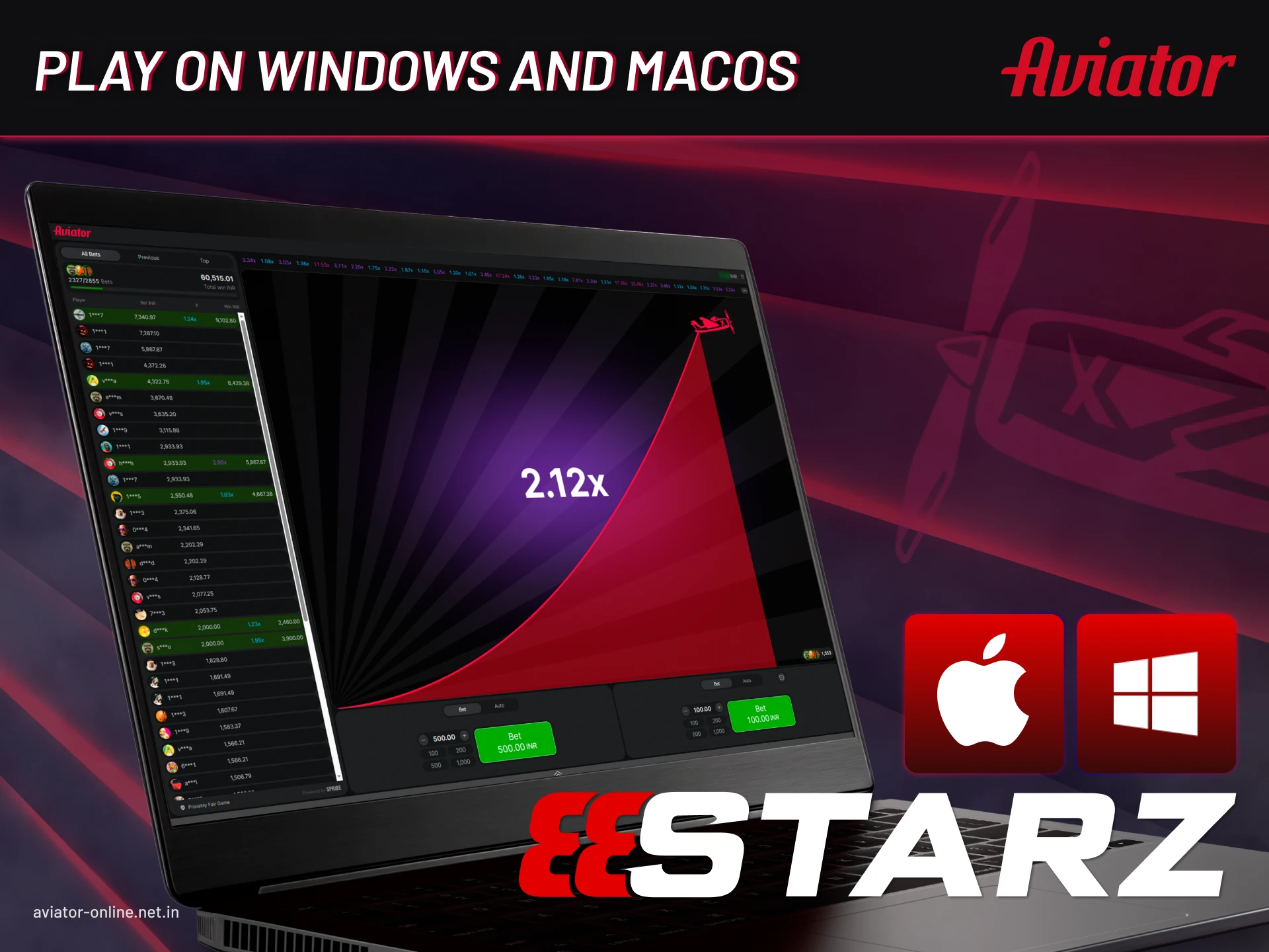 888starz Aviator gameplay on desktop computers with Windows and MacOS in India.